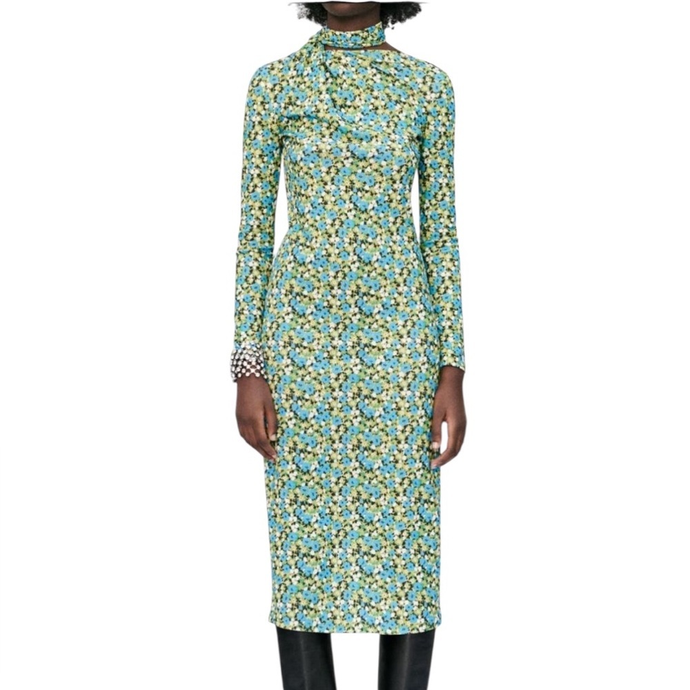 Zara green blue floral long-sleeve midi dress high neck Kentucky Derby Medium - Picture 1 of 14